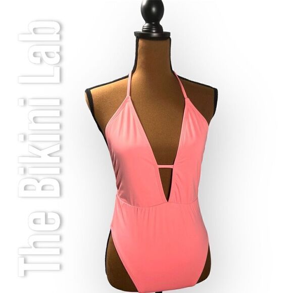 The Bikini Lab Rack Solid Plunge Shirred Booty One-Piece Halter Women’s Medium - Picture 4 of 12